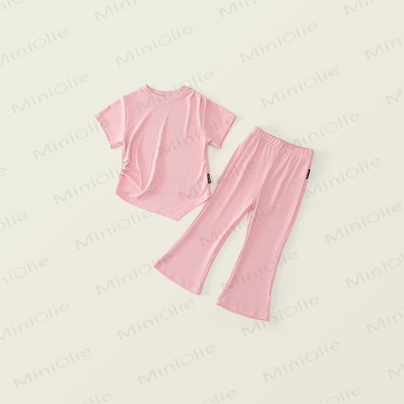 Toddler Knit Short-Sleeve Top and Flared Pants 2-piece Set - Pink - 10Y - image 1