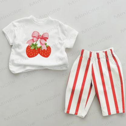 Baby Strawberry Bownot Red Vertical Striped 2-piece Set - White&Red - 2-3T - image 1