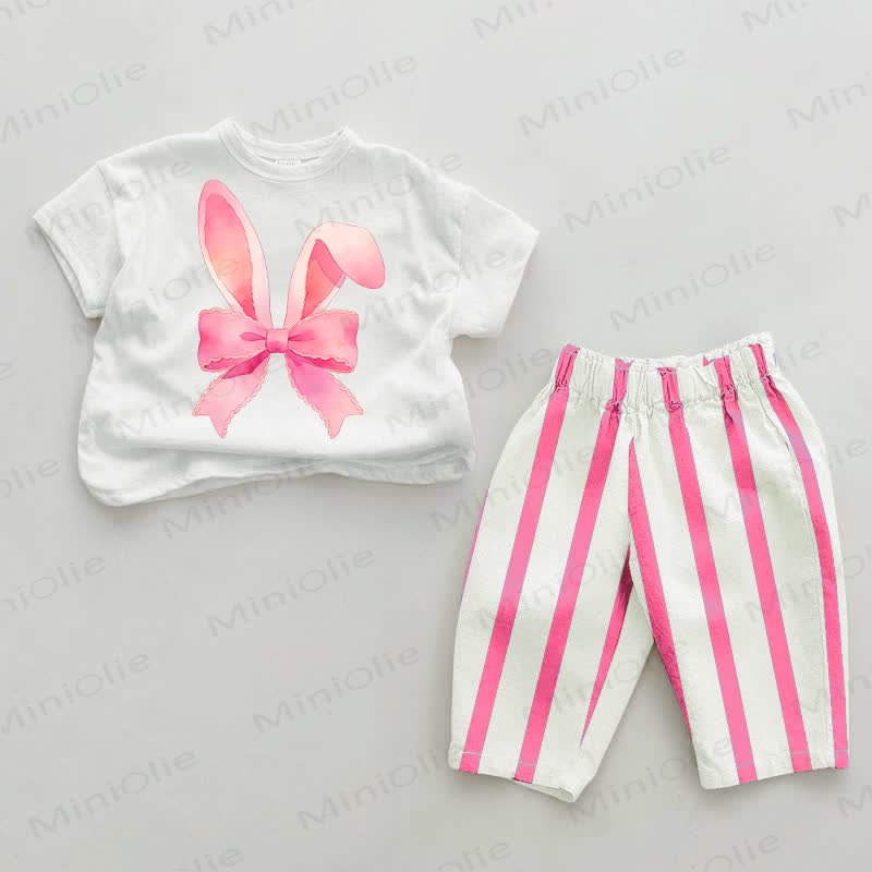 Baby Bow Rabbit Ears Striped 2-piece Set - White&Pink - 2-3T - image 1