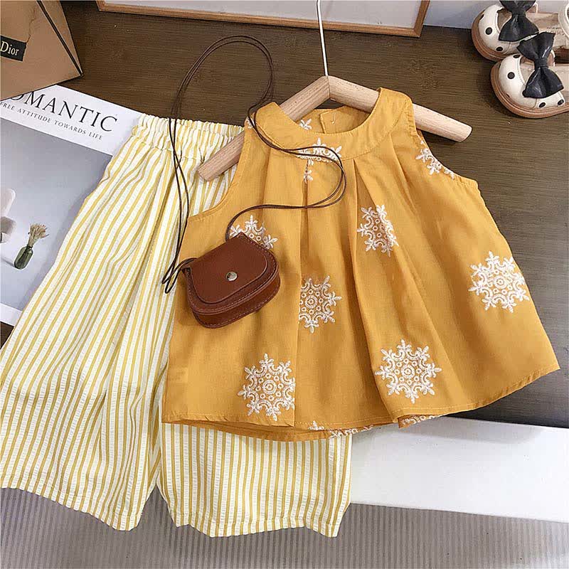 Toddler Embroidered Tank and Striped Pants 2-Piece Set - Yellow - 8-9T - image 1