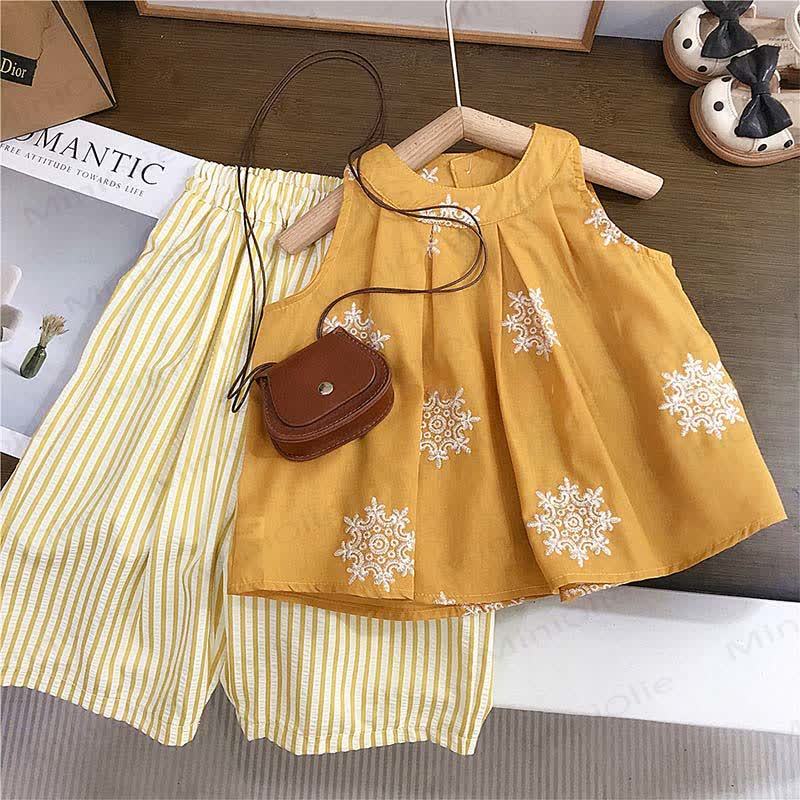 Toddler Embroidered Tnak and Striped Pants 2-Piece Set - Yellow - 8-9T - image 1