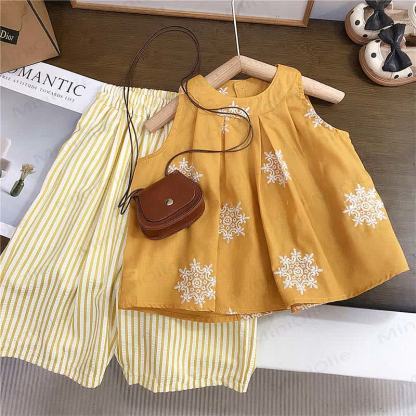 Toddler Embroidered Tnak and Striped Pants 2-Piece Set - Yellow - 8-9T - image 1