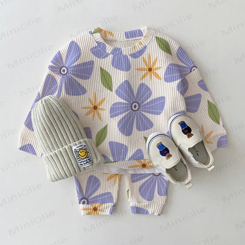 Baby Toddler Purple Flower Waffle Sweatshirt 2-piece Set - White - 3-5T - image 1