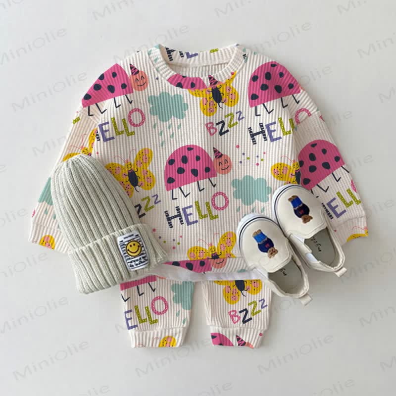 HELLO Baby Toddler Insect Waffle Sweatshirt 2-piece Set - Beige - 3-5T - image 1