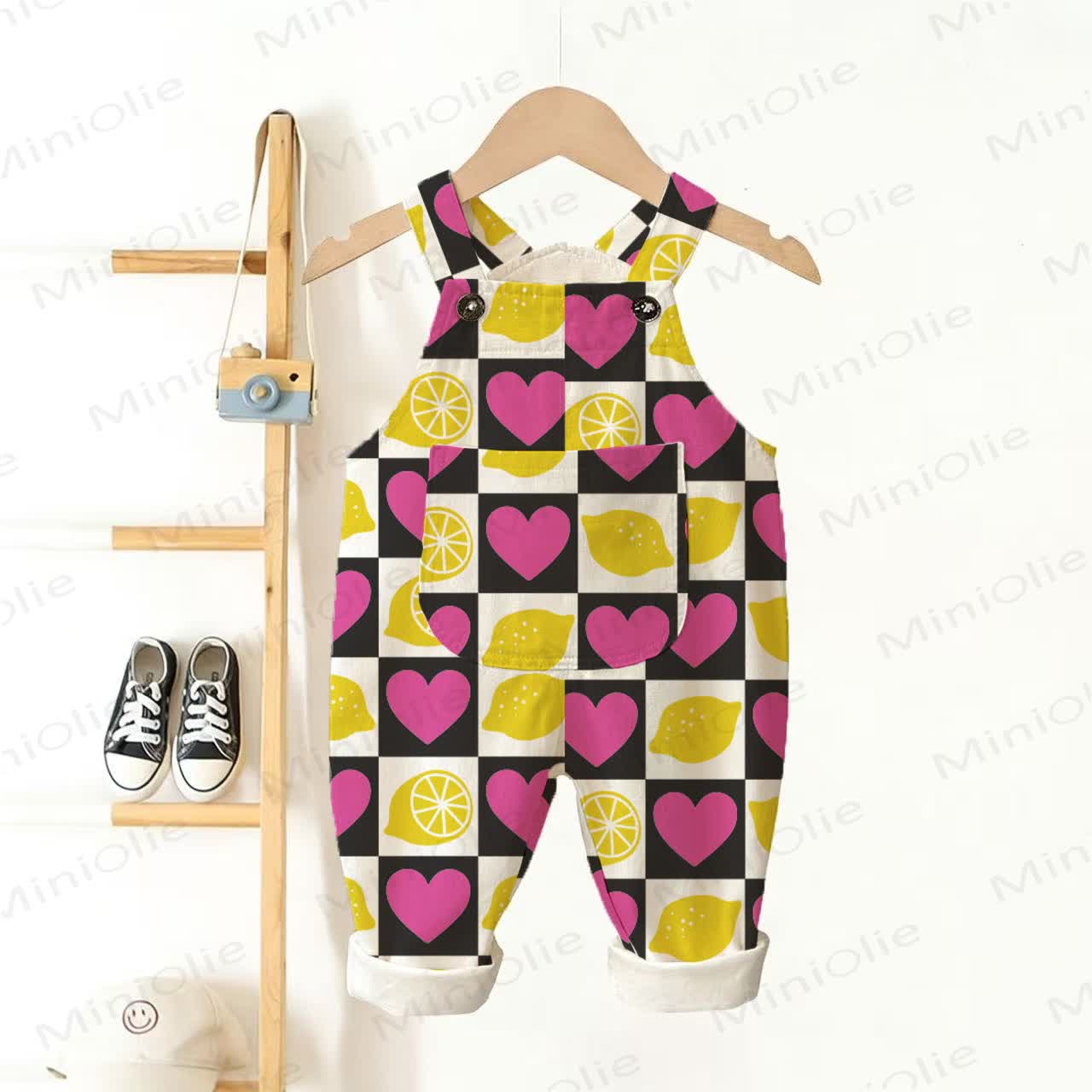 Baby Toddler Checkerboard Lemon & Heart Pocket Overalls - Beige - 3-5T - image 1