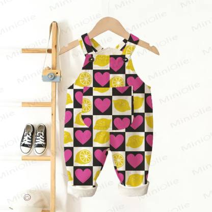 Baby Toddler Checkerboard Lemon & Heart Pocket Overalls - Beige - 3-5T - image 1