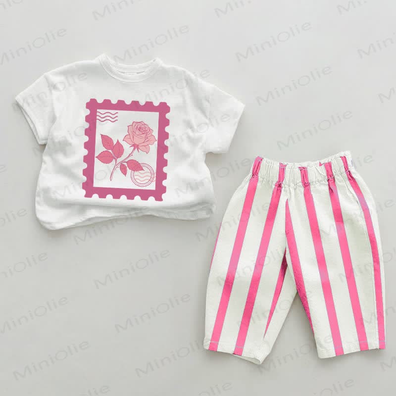 Baby Floral Stamp Pink Vertical Striped 2-piece Set - White&Pink - 2-3T - image 1