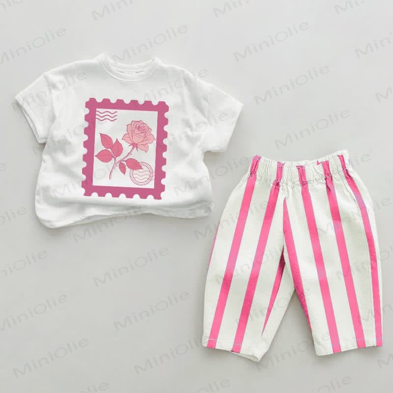 Baby Floral Stamp Pink Vertical Striped 2-piece Set - White&Pink - 2-3T - image 1