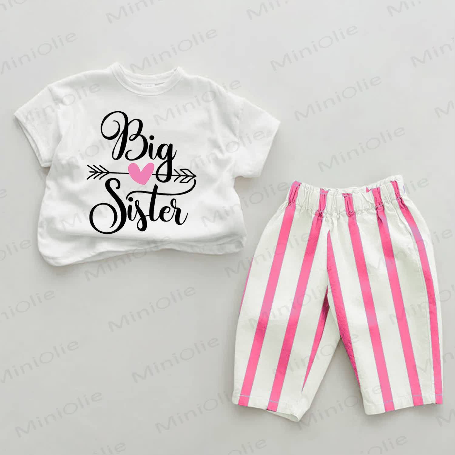 BIG SISTER Baby Tee Pink Striped Pants 2-piece Set - White&Pink - 2-3T - image 1