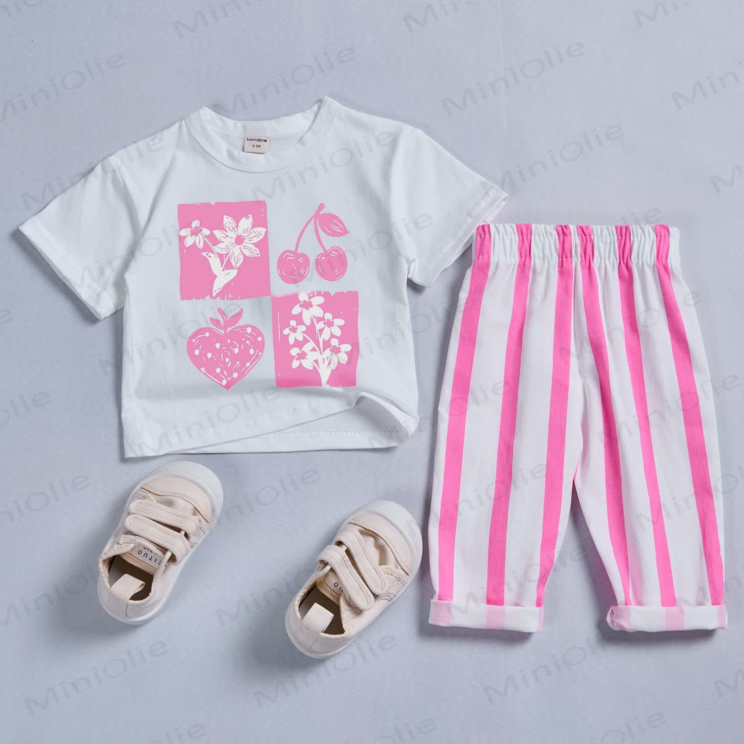 Baby Flower Cherry Heart Tee Pink Striped Pants 2-piece Set - White&Pink - 2-3T - image 1