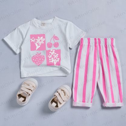 Baby Flower Cherry Heart Tee Pink Striped Pants 2-piece Set - White&Pink - 2-3T - image 1