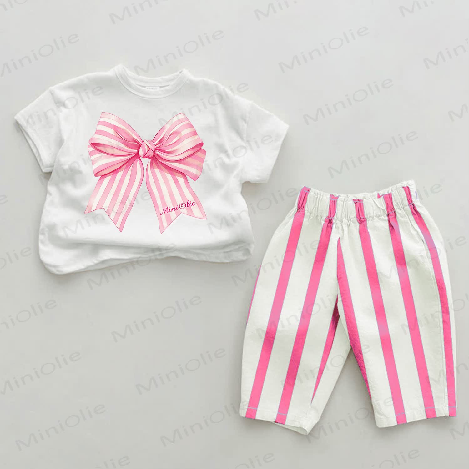 Baby Pink Striped Ribbon Bowknot 2-piece Set - White&Pink - 2-3T - image 1