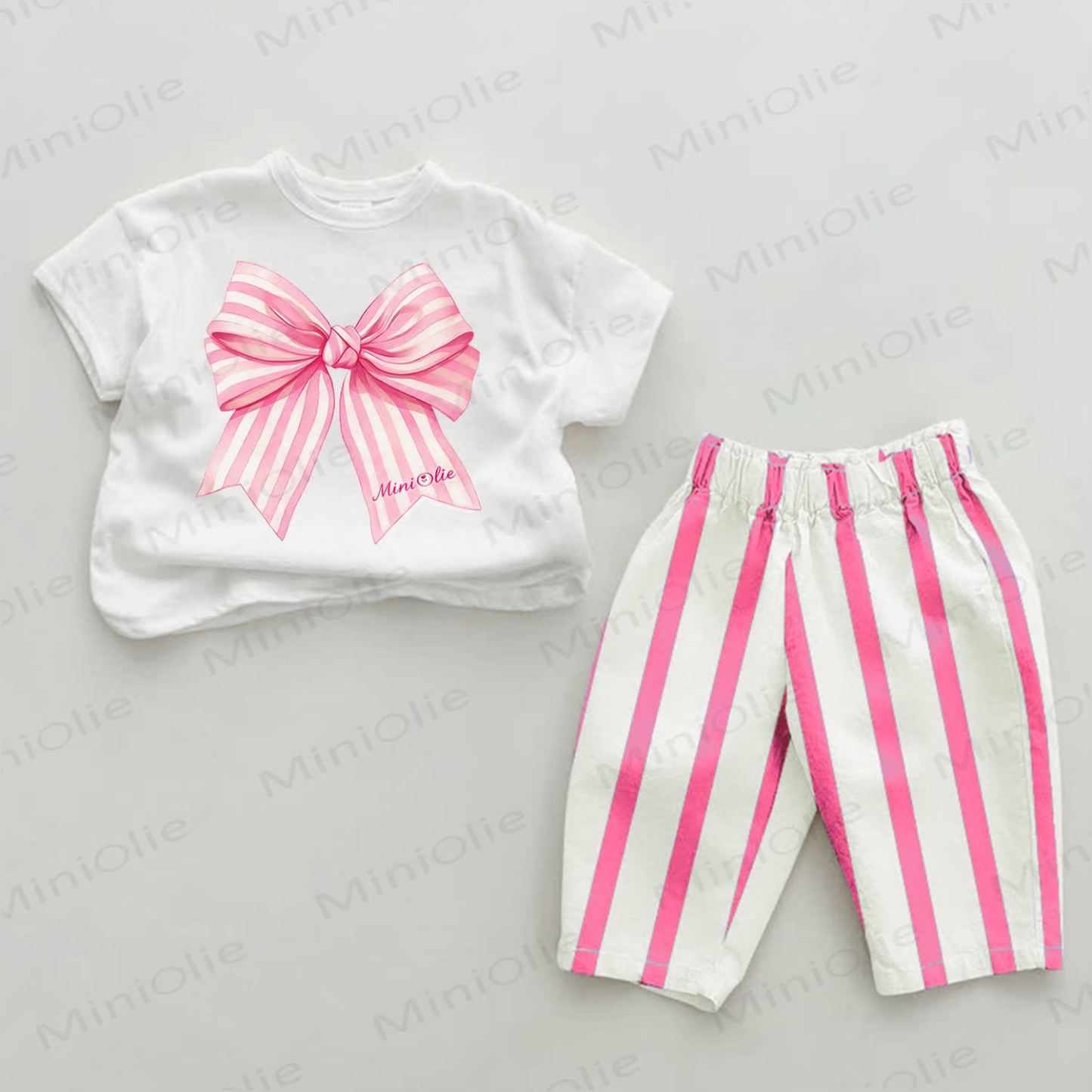 Baby Pink Striped Ribbon Bowknot 2-piece Set - White&Pink - 2-3T - image 1