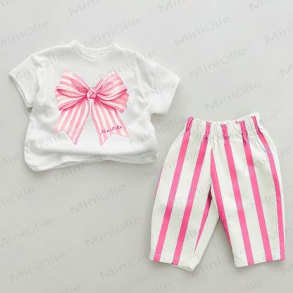 Baby Pink Striped Ribbon Bowknot 2-piece Set - White&Pink - 2-3T - image 1