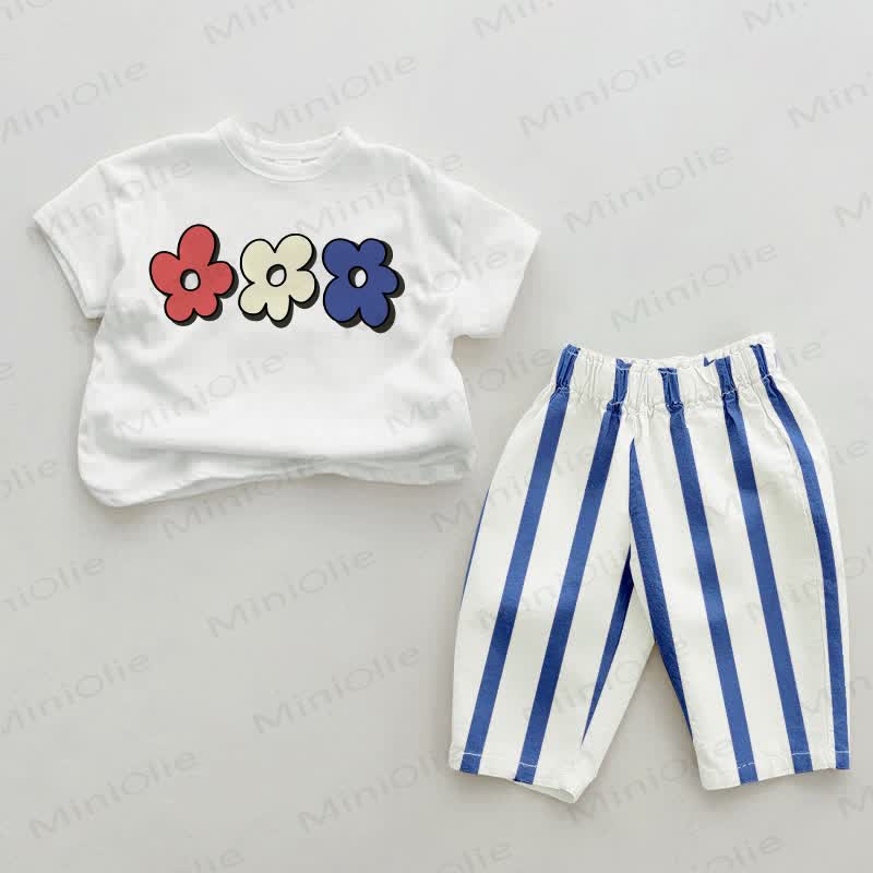 Flower Baby Blue Vertical Striped 2-piece Set - White&Blue - 2-3T - image 1
