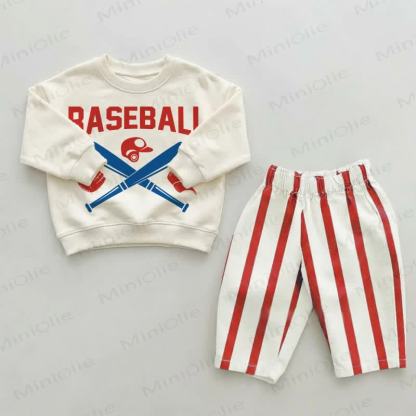 BASEBALL Baby Toddler Red Striped Pants 2-piece Set - Beige&Red - 2-3T - image 1