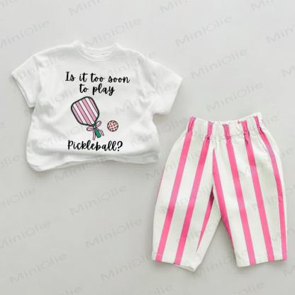 IS IT TOO SOON TO PLAY PICKLEBALL? Baby Pink Vertical Striped 2-piece Set - White&Pink - 2-3T - image 1