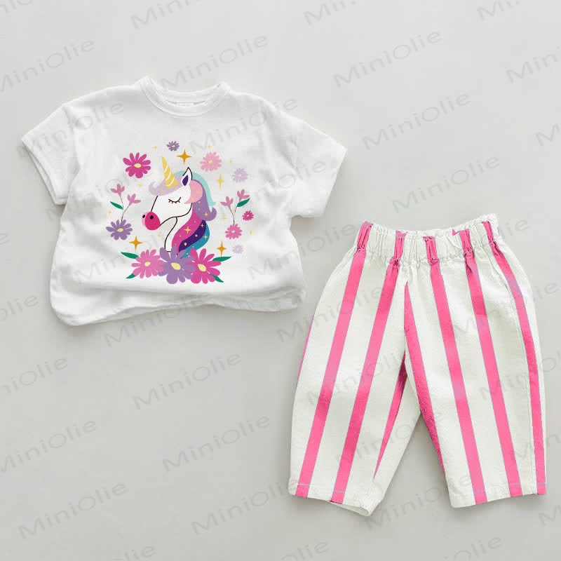 Baby Floral Unicorn Pink Vertical Striped 2-piece Set - White&Pink - 2-3T - image 1