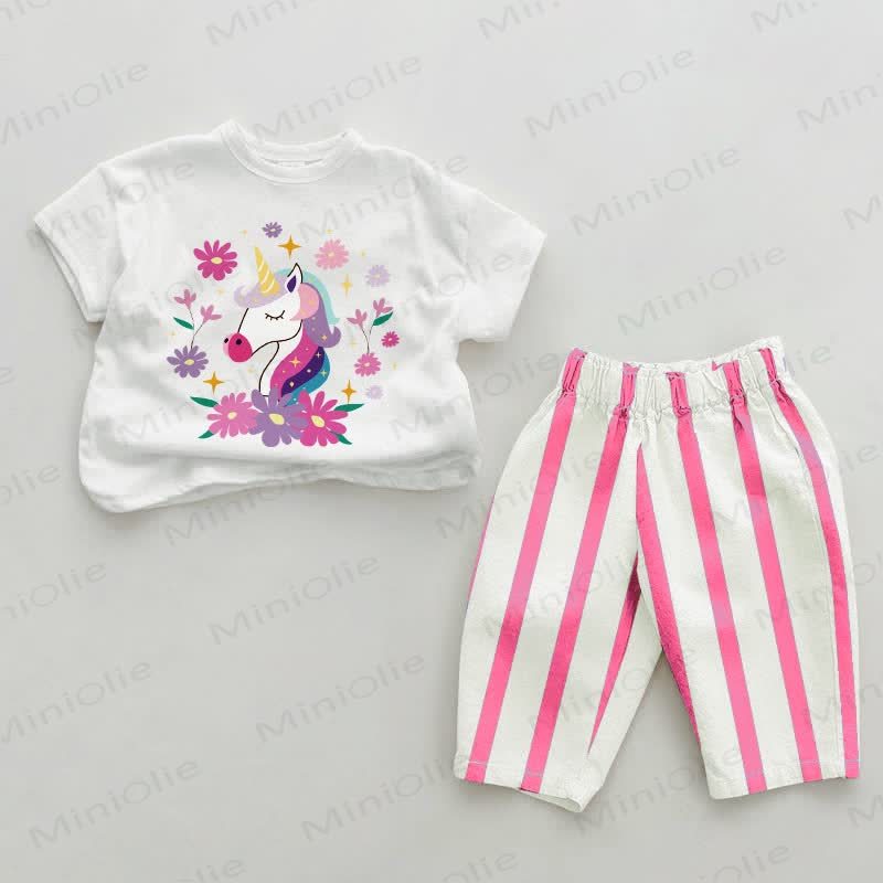 Baby Floral Unicorn Pink Vertical Striped 2-piece Set - White&Pink - 2-3T - image 1