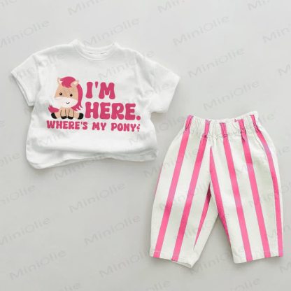 I'M HERE. WHERE'S MY PONY? Baby Pink Vertical Striped 2-piece Set - White&Pink - 2-3T - image 1