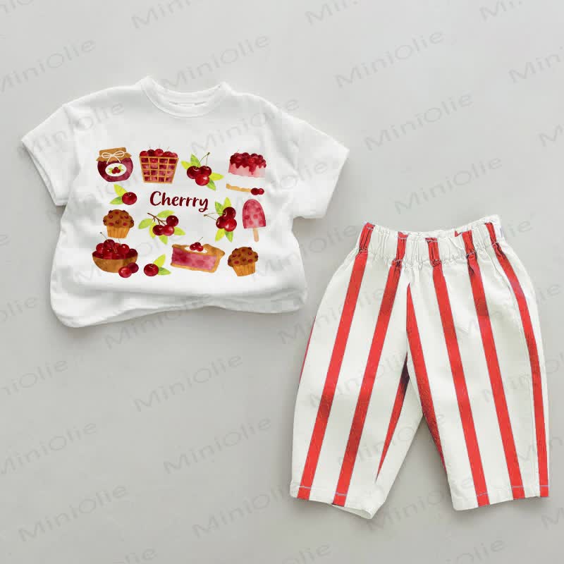 Baby Cherry Illustration Red Vertical Striped 2-piece Set - White&Red - 2-3T - image 1