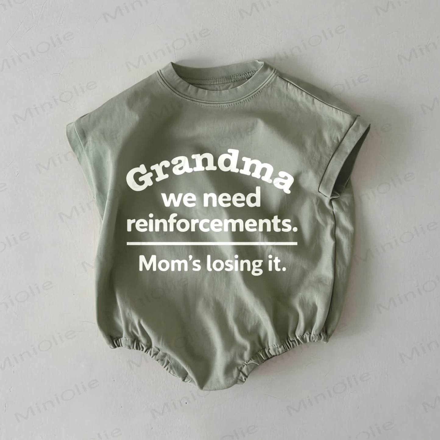 GRANDMA WE NEED REINFORCEMENTS. MOM'S LOSING IT. Baby Summer Bodysuit - Grey Green - 18-24M - image 1