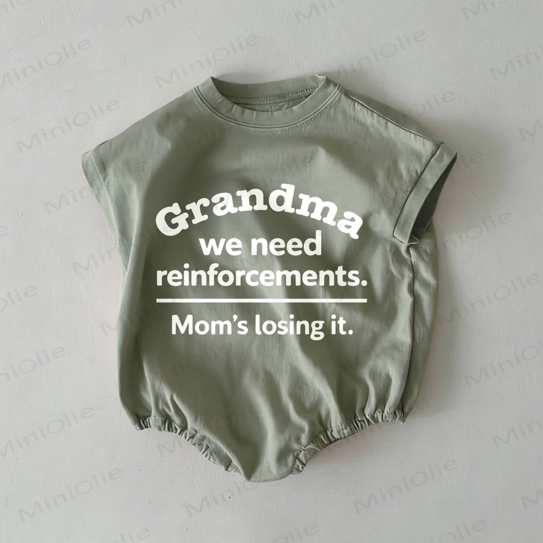 GRANDMA WE NEED REINFORCEMENTS. MOM'S LOSING IT. Baby Summer Bodysuit - Grey Green - 18-24M - image 1