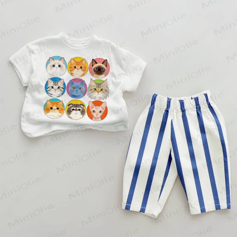 Baby Cat Dog Vertical Striped 2-piece Set - White&Blue - 2-3T - image 1