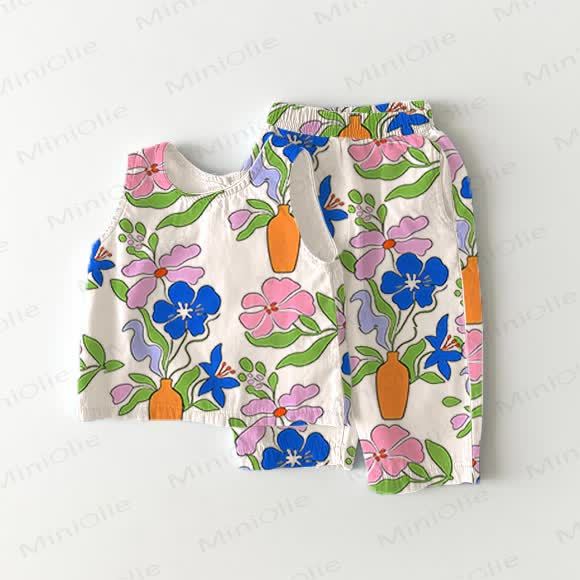 Toddler Girl Colorful Floral Art 2-piece Sleeveless Set - White - 5-7T - image 1