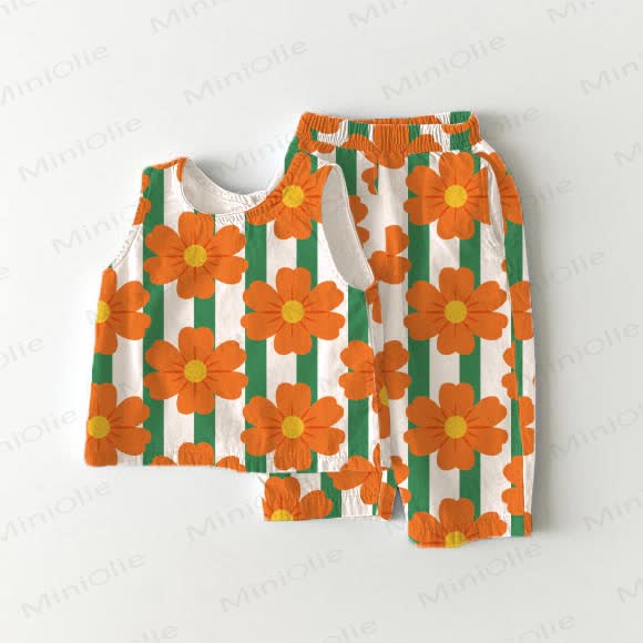 Toddler Orange Flowers Vertical Striped 2-piece Sleeveless Set - White - 5-7T - image 1