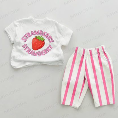 STRAWBERRY Baby Pink Vertical Striped 2-piece Set - White&Pink - 2-3T - image 1