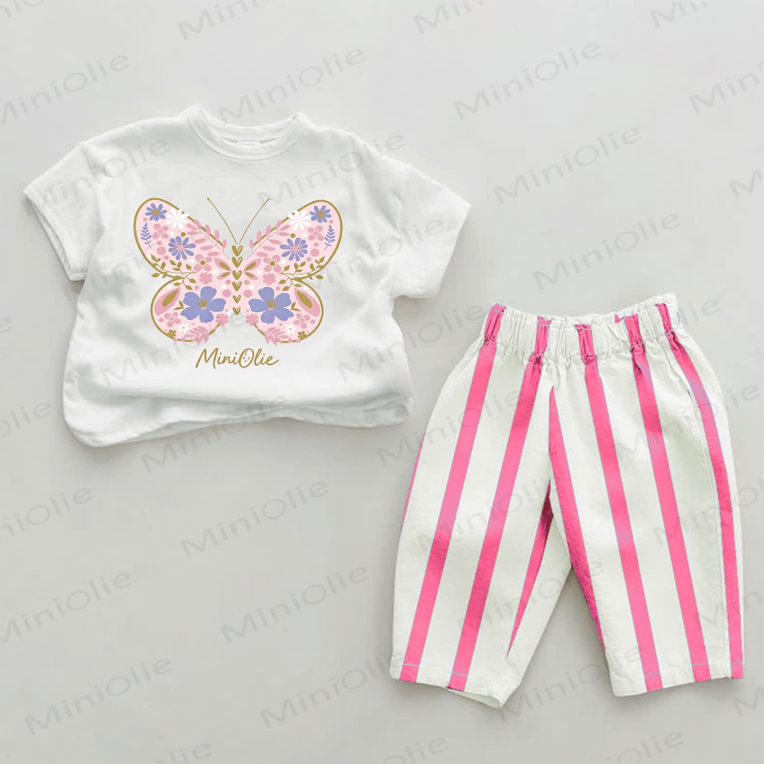 Baby Floral Butterfly Pink Striped Pants 2-piece Set - White&Pink - 2-3T - image 1
