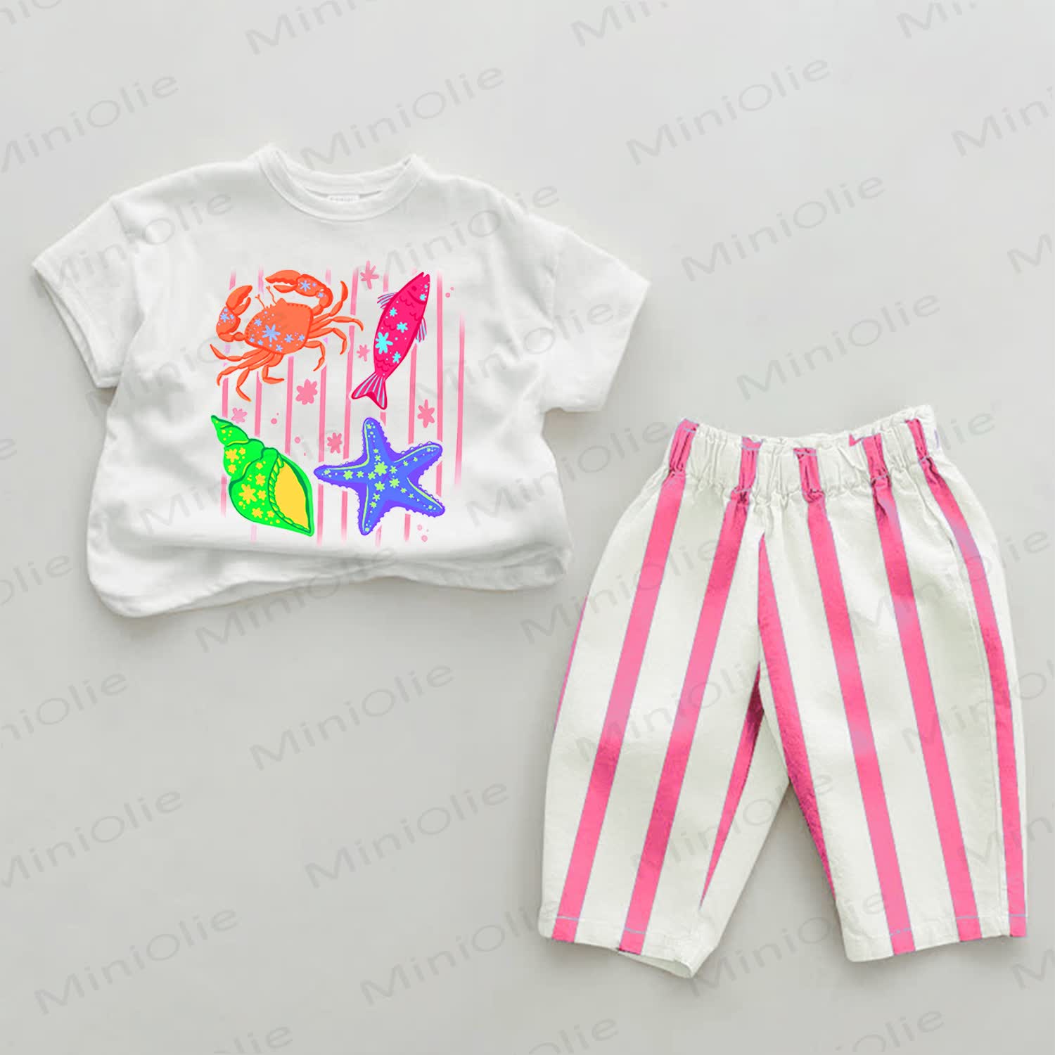 Baby Sea Animal Party Pink Striped Pants 2-piece Set - White&Pink - 2-3T - image 1