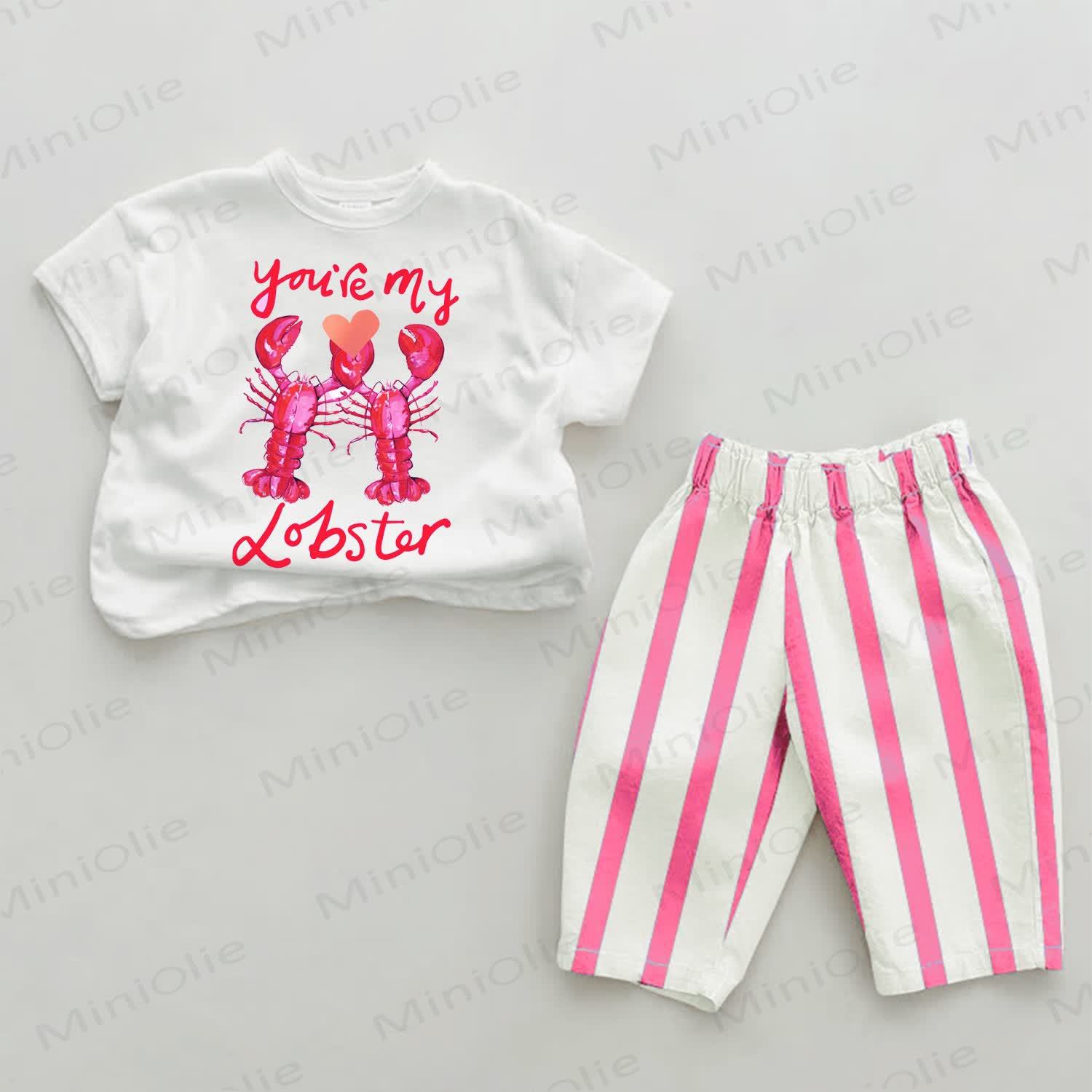 YOU'RE MY LOBSTER Baby Pink Striped Pants 2-piece Set - White&Pink - 2-3T - image 1