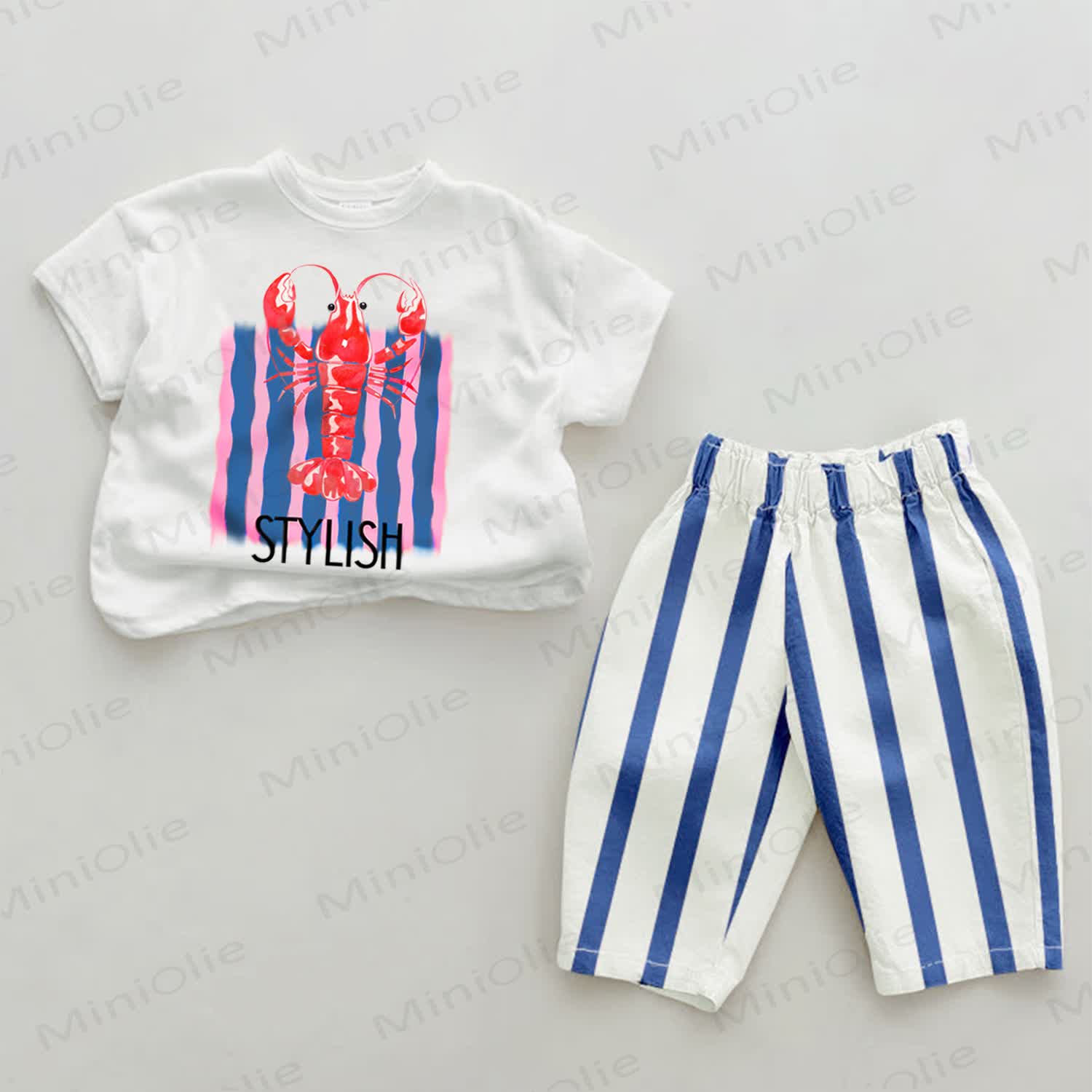 STYLISH LOBSTER Baby Blue Striped Pants 2-piece Set - White&Blue - 2-3T - image 1