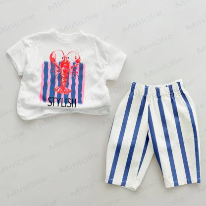 STYLISH LOBSTER Baby Blue Striped Pants 2-piece Set - White&Blue - 2-3T - image 1