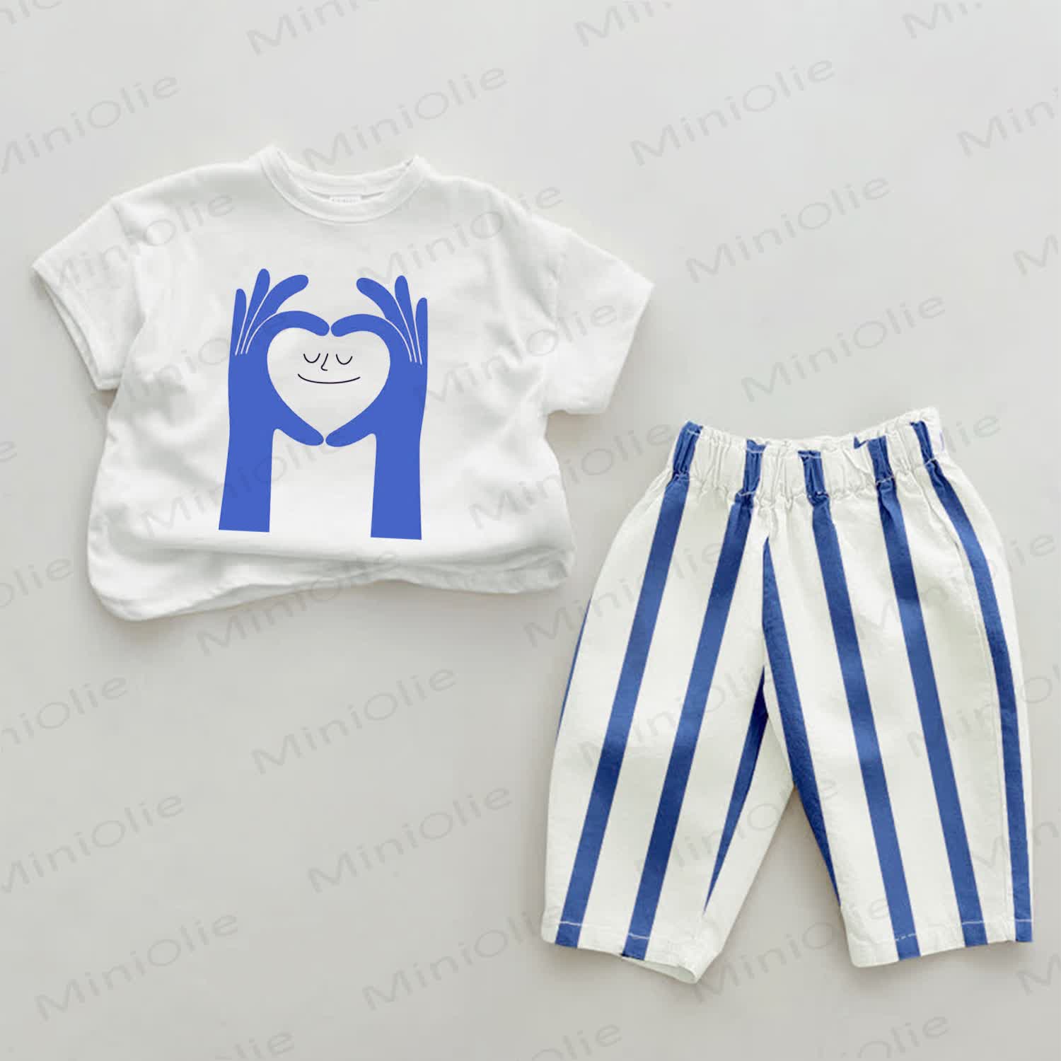 Baby Smiling Heart Face Blue Striped Pants 2-piece Set - White&Blue - 2-3T - image 1