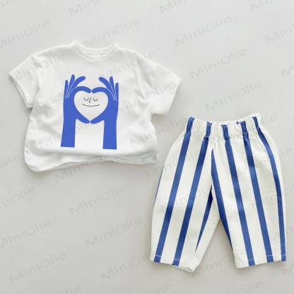 Baby Smiling Heart Face Blue Striped Pants 2-piece Set - White&Blue - 2-3T - image 1