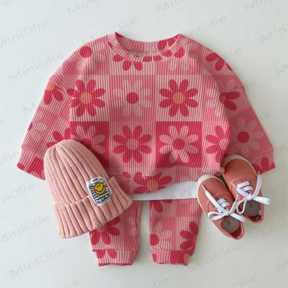 Baby Toddler Pink Flower Waffle Sweatshirt 2-piece Set - Pink - 3-5T - image 1