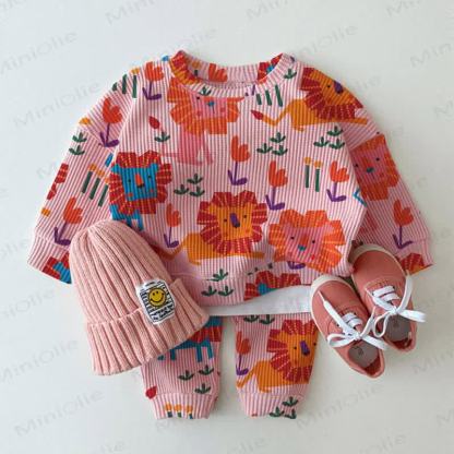 Baby Toddler Funny Lion Pink Waffle Sweatshirt 2-piece Set - Pink - 3-5T - image 1