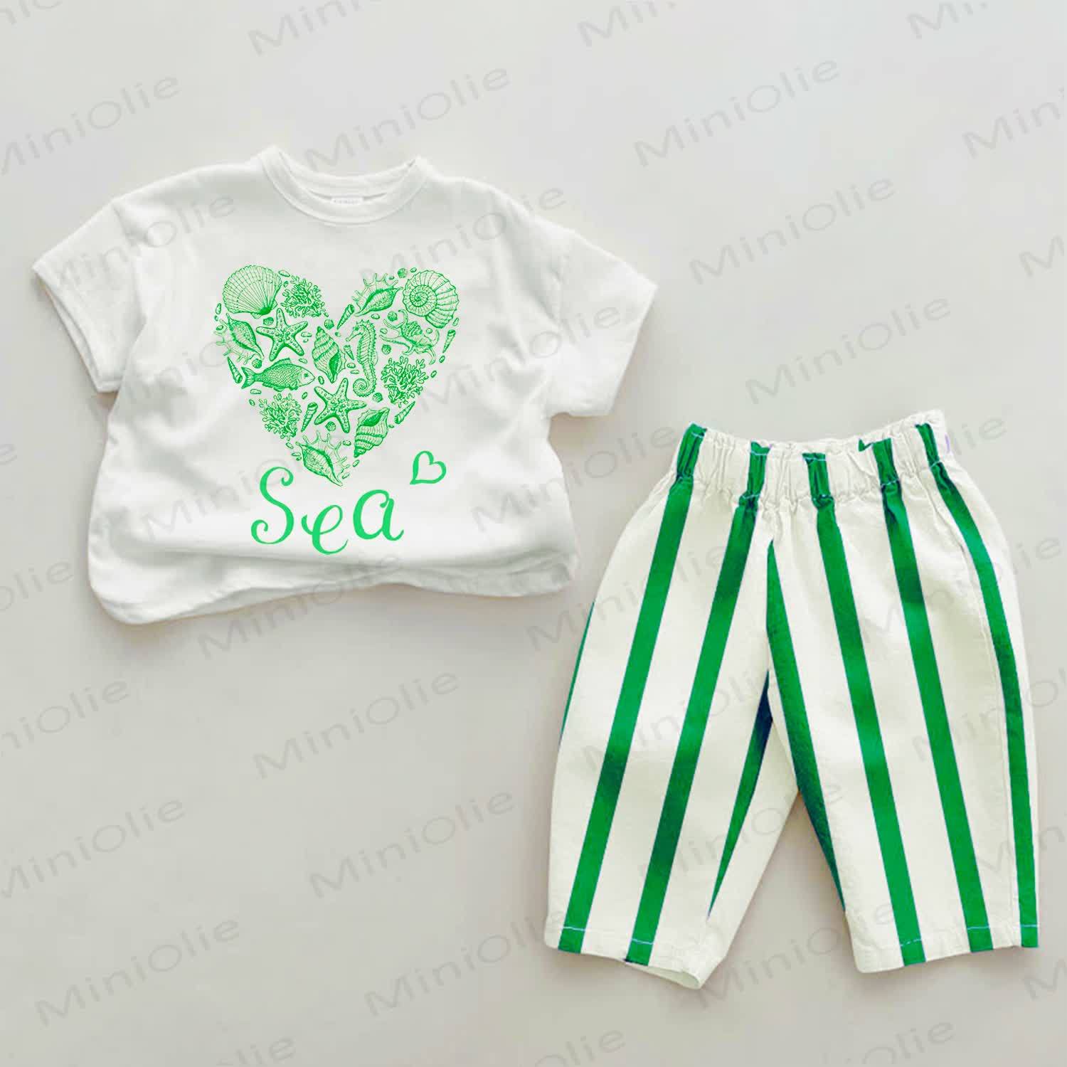 Baby Sea Life Love Green Striped Pants 2-piece Set - White&Green - 2-3T - image 1