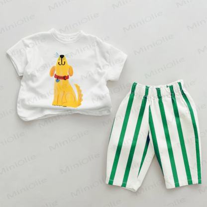 Baby Yellow Dog Green Striped Pants 2-piece Set - White&Green - 2-3T - image 1