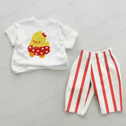 Baby Lovely Duck Red Vertical Striped 2-piece Set - White&Red - 2-3T - image 1