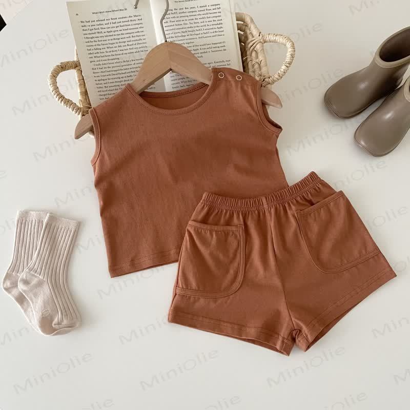 Baby Solid Color Tank and Pocket Shorts Set - Brown - 2-3T - image 8
