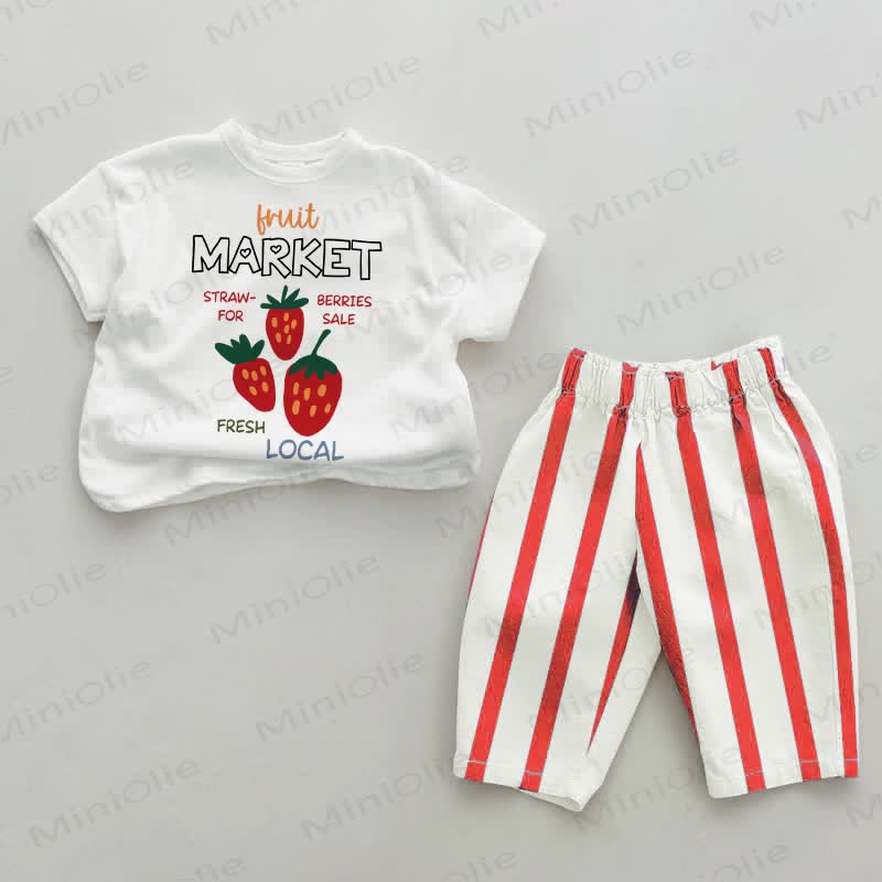 FRUIT MARKET STRAWBERRIES FOR SALE Baby Red Vertical Striped 2-piece Set - White&Red - 2-3T - image 1