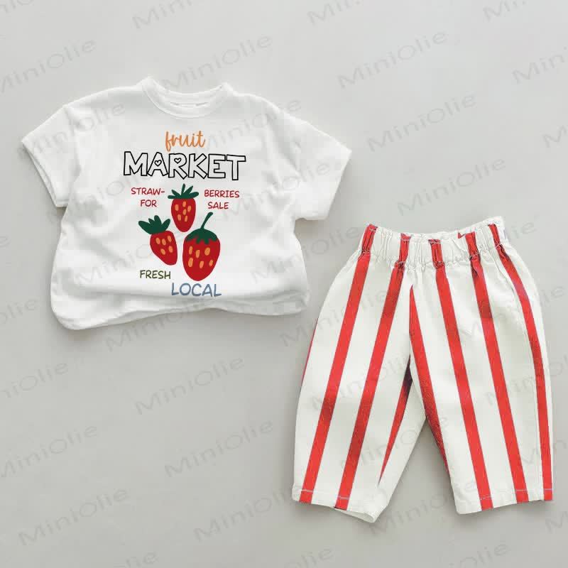 FRUIT MARKET STRAWBERRIES FOR SALE Baby Red Vertical Striped 2-piece Set - White&Red - 2-3T - image 1
