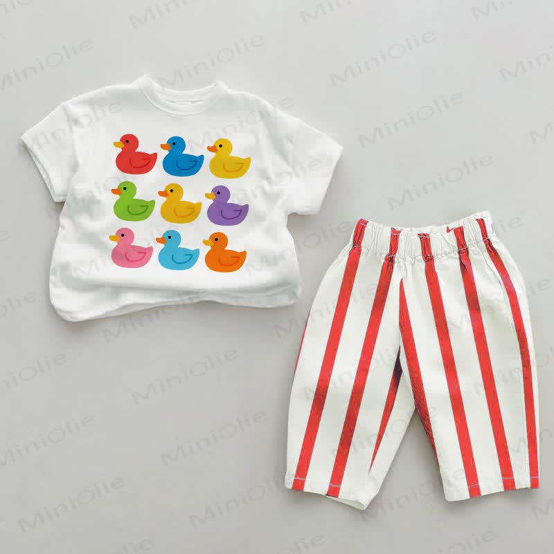Baby Colorful Ducks Red Vertical Striped 2-piece Set - White&Red - 2-3T - image 1