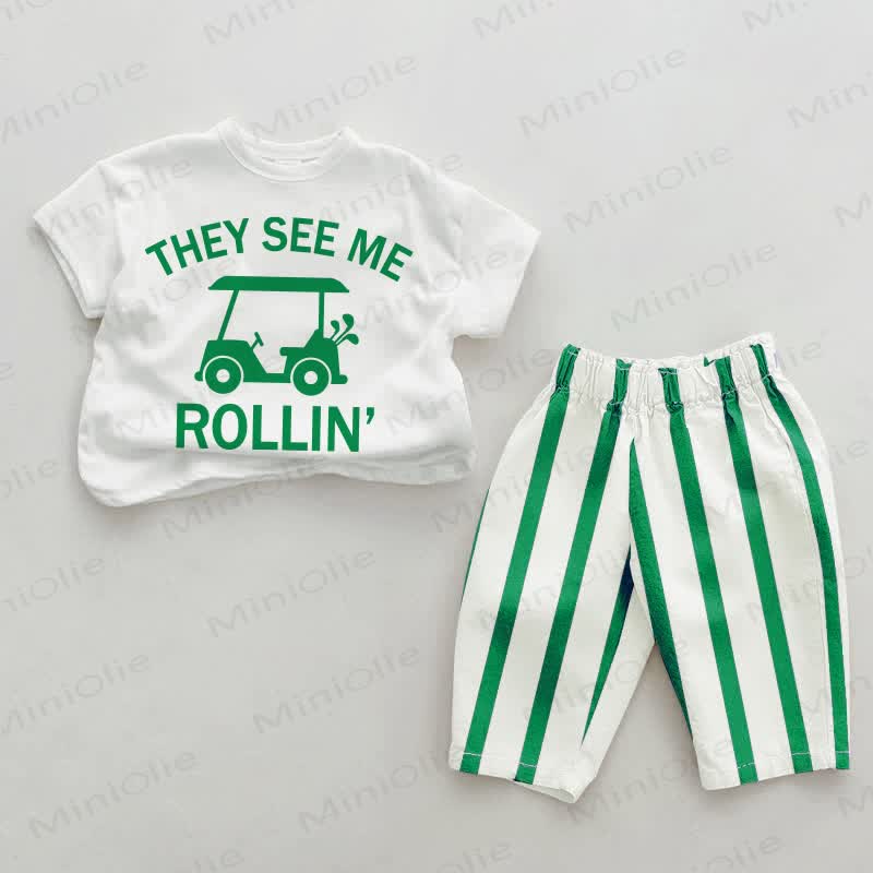 THEY SEE ME ROLLIN' Baby Green Vertical Striped 2-piece Set - White&Green - 2-3T - image 1