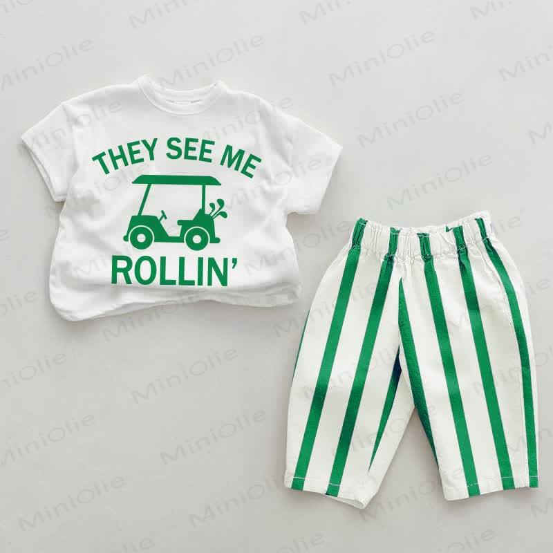 THEY SEE ME ROLLIN' Baby Green Vertical Striped 2-piece Set - White&Green - 2-3T - image 1