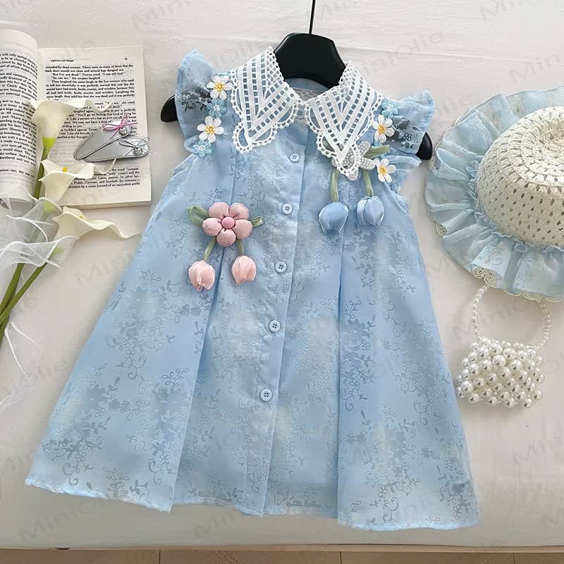 Toddler Flower Lace Collar Blue Dress with Hat - Blue - 8-9T - image 1